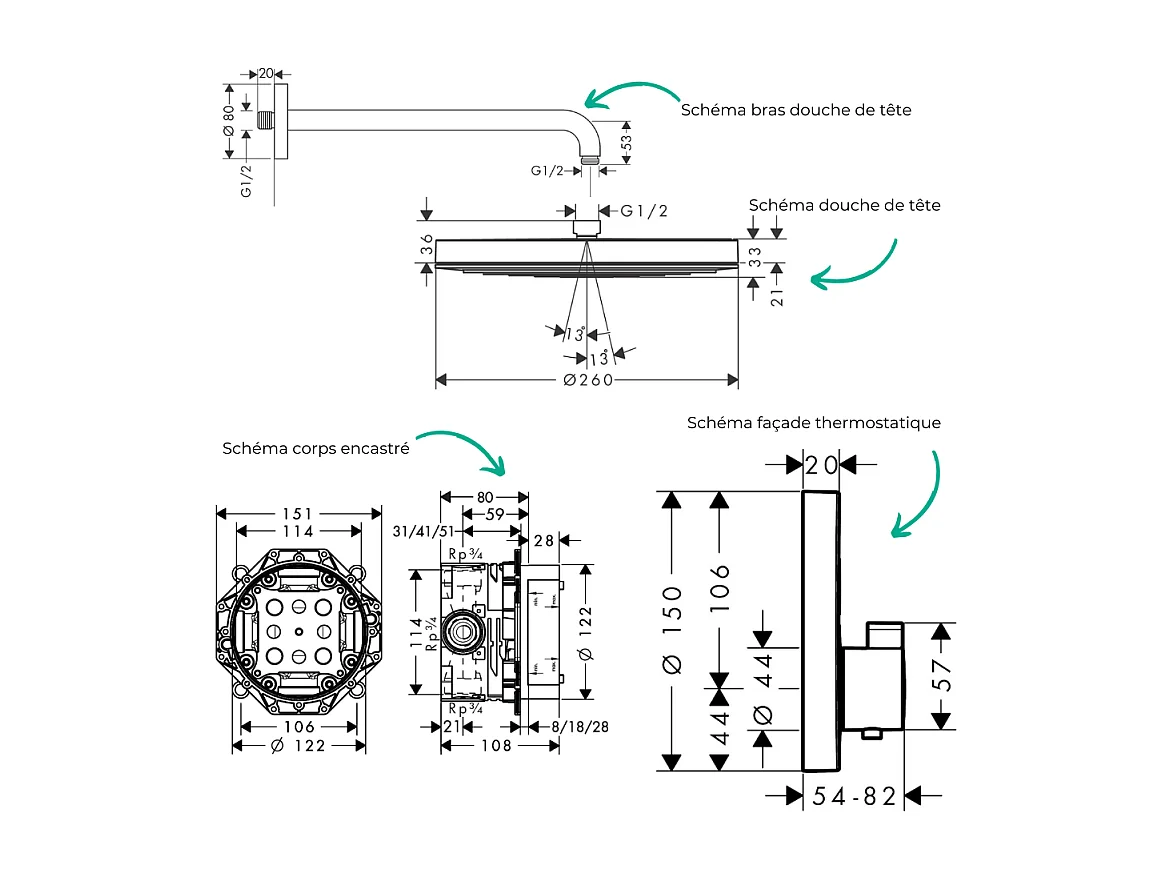 Colonne de douche encastrée thermostatique HANSGROHE ShowerSelect S Douche Pulsify Flexible Designflex Douchette Raindance S blanc