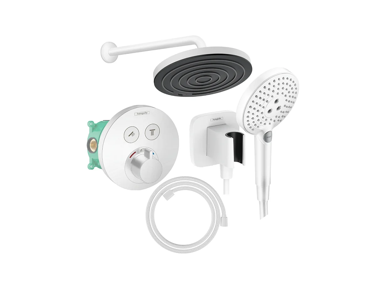 Colonne de douche encastrée thermostatique HANSGROHE ShowerSelect S Douche Pulsify Flexible Designflex Douchette Raindance S blanc