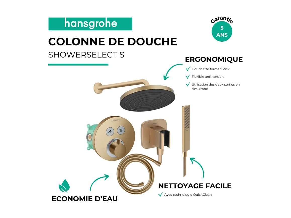 Colonne de douche encastrée thermostatique HANSGROHE ShowerSelect S Douche Pulsify Flexible Isiflex Douchette Pulsify E  bronze