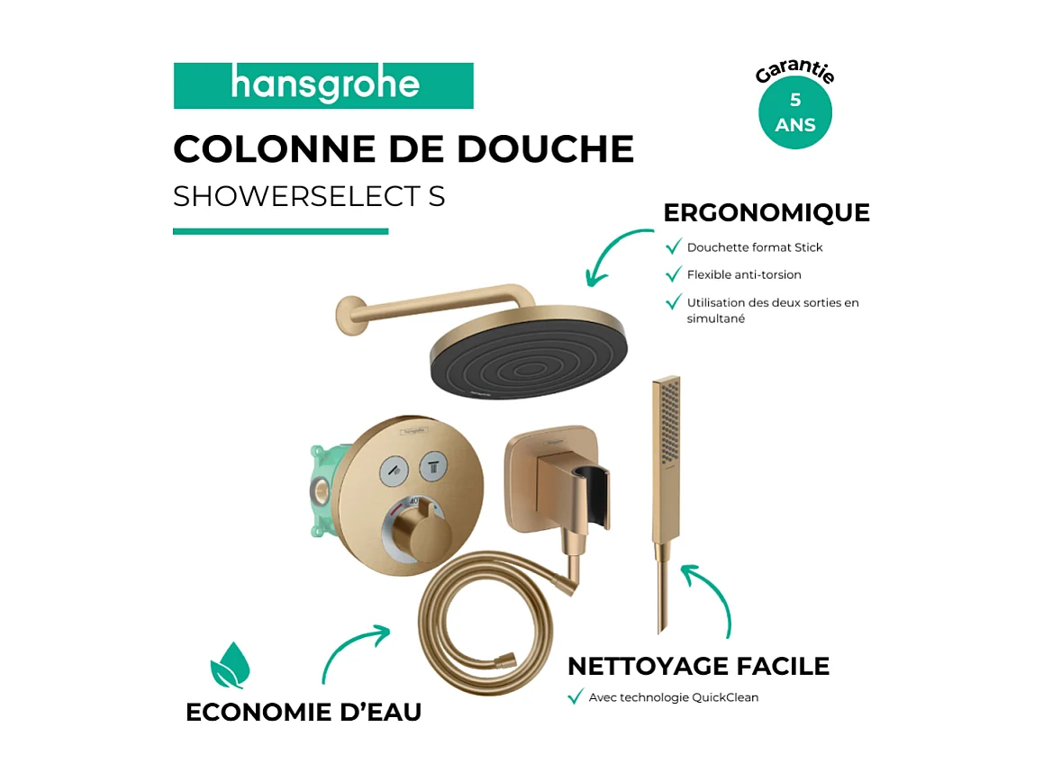 Colonne de douche encastrée thermostatique HANSGROHE ShowerSelect S Douche Pulsify Flexible Isiflex Douchette Pulsify E  bronze