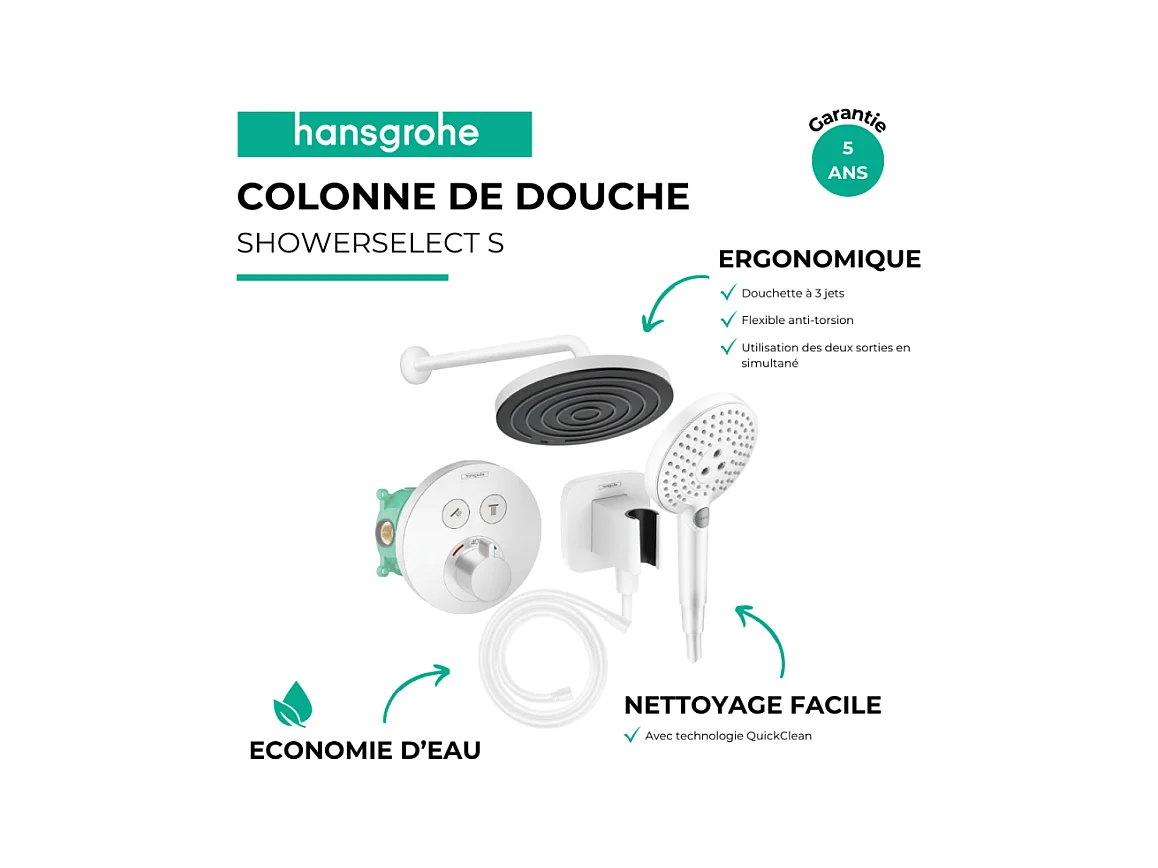Colonne de douche encastrée thermostatique HANSGROHE ShowerSelect S Douche Pulsify Flexible Isiflex Douchette Raindance S blanc