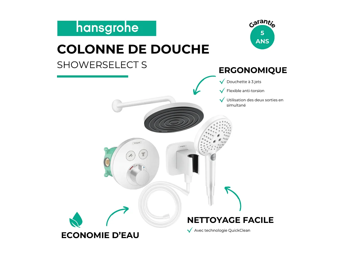 Colonne de douche encastrée thermostatique HANSGROHE ShowerSelect S Douche Pulsify Flexible Isiflex Douchette Raindance S blanc