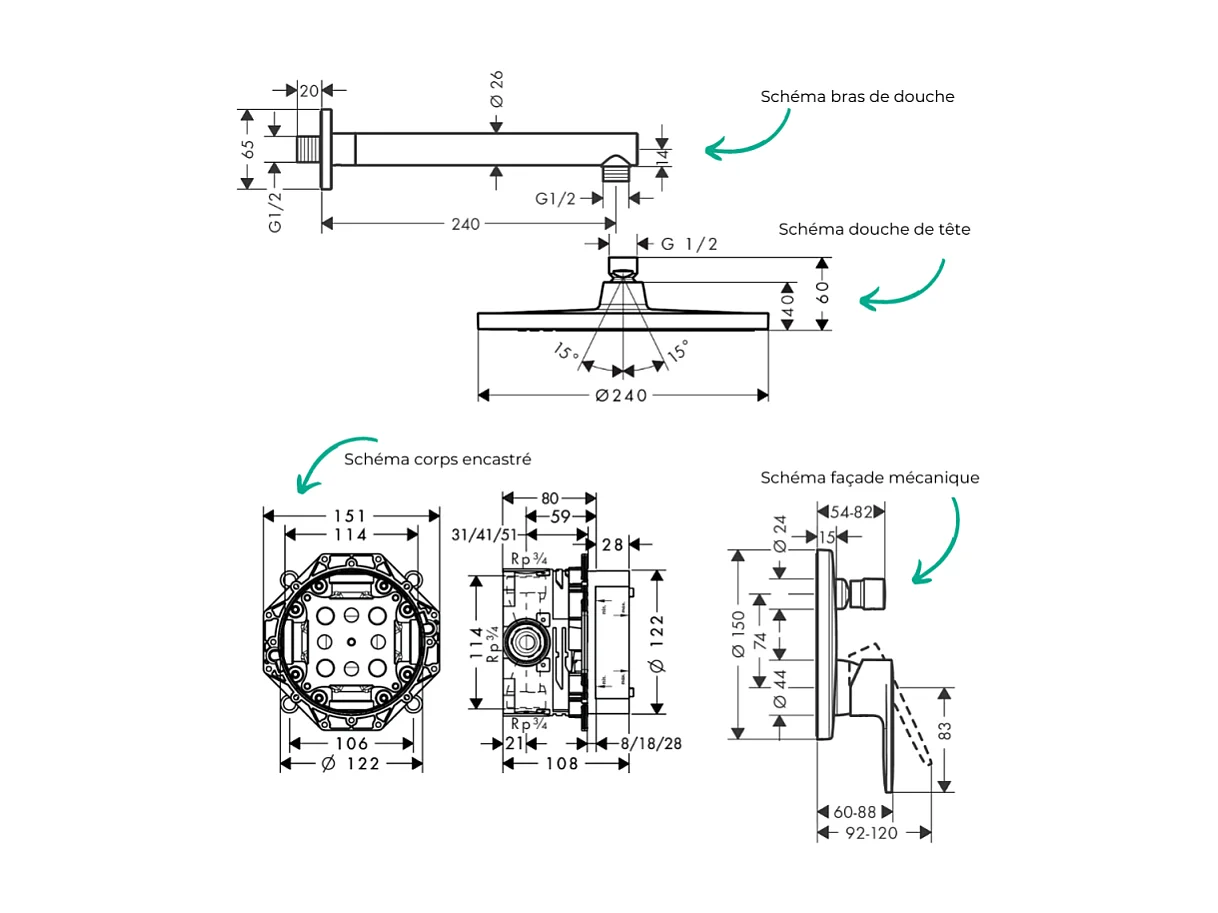 Colonne de douche encastrée mécanique HANSGROHE Vernis Blend Douche de tête Crometta Flexible Isiflex Douchette Vernis Blend noir