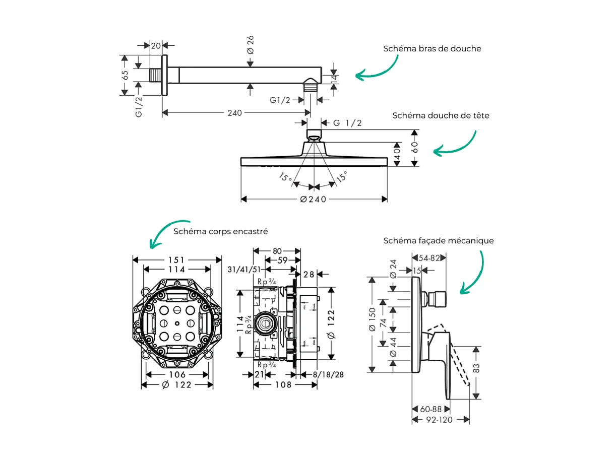 Colonne de douche encastrée mécanique HANSGROHE Vernis Blend Douche de tête Crometta Flexible Isiflex Douchette Vernis Blend noir