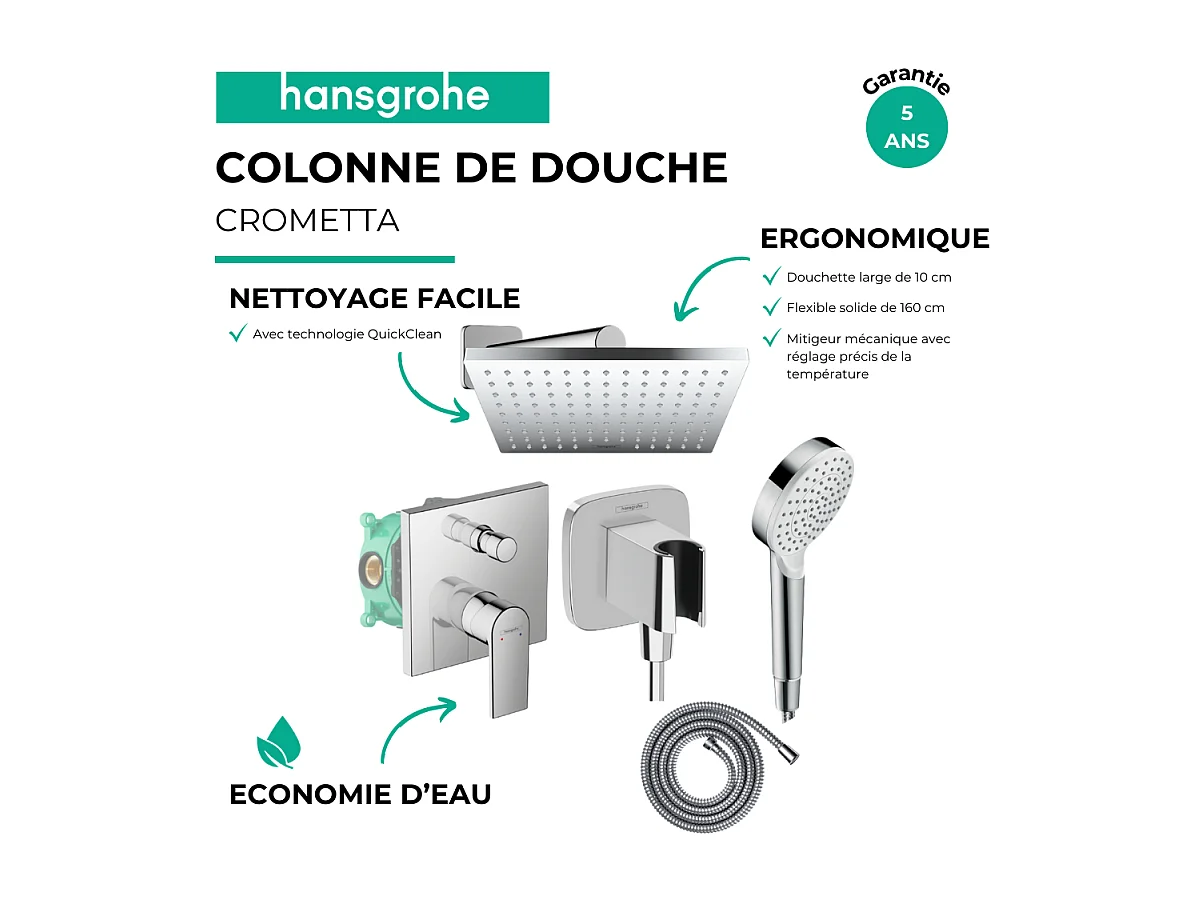 Colonne de douche encastrée mécanique HANSGROHE Vernis Shape Douche de tête Crometta Flexible Métaflex Douchette Crometta chromé