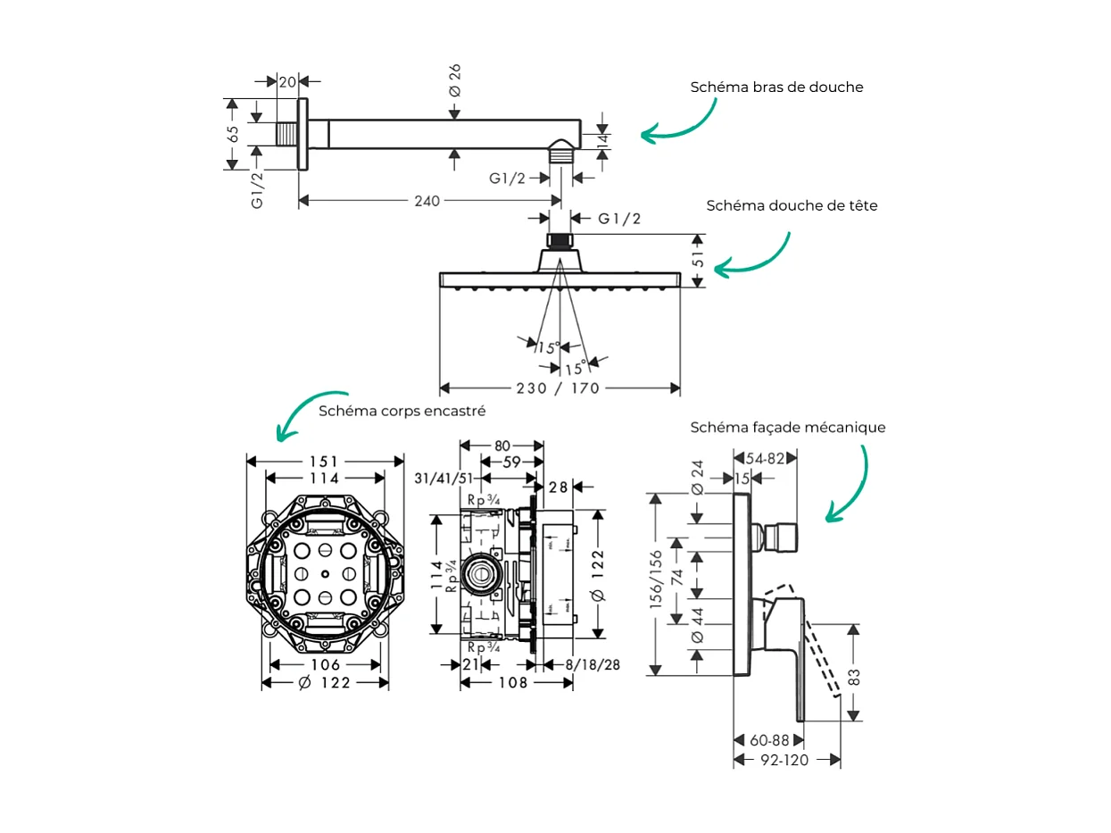Colonne de douche encastrée mécanique HANSGROHE Vernis Shape Douche de tête Crometta Flexible Métaflex Douchette Crometta chromé