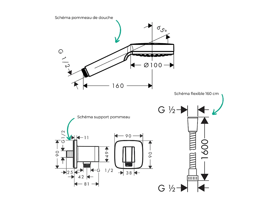 Colonne de douche encastrée mécanique HANSGROHE Vernis Shape Douche de tête Crometta Flexible Métaflex Douchette Crometta chromé