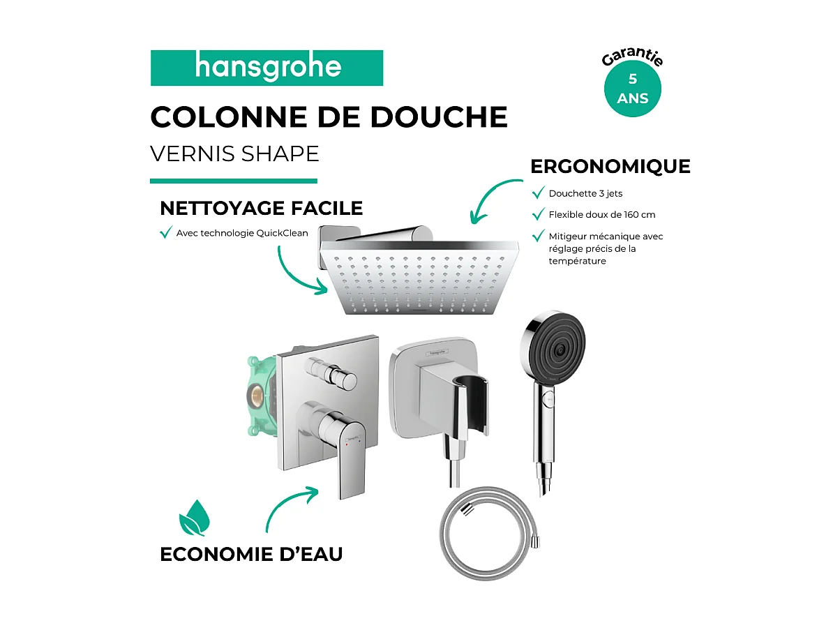 Colonne de douche mécanique HANSGROHE Vernis Shape Douche de tête Vernis Shape Flexible Designflex Douchette Pulsify chromé