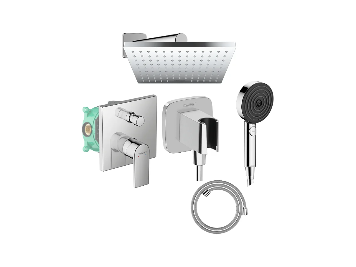 Colonne de douche mécanique HANSGROHE Vernis Shape Douche de tête Vernis Shape Flexible Designflex Douchette Pulsify chromé