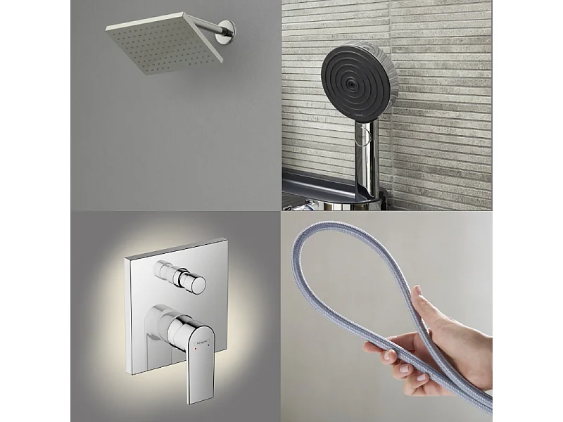 Colonne de douche mécanique HANSGROHE Vernis Shape Douche de tête Vernis Shape Flexible Designflex Douchette Pulsify chromé