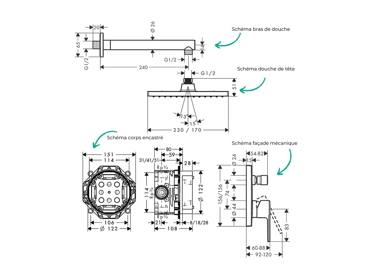 Colonne de douche mécanique HANSGROHE Vernis Shape Douche de tête Vernis Shape Flexible Designflex Douchette Pulsify chromé