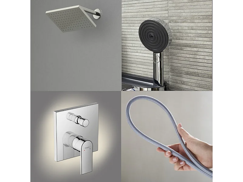 Colonne de douche mécanique HANSGROHE Vernis Shape Douche de tête Vernis Shape Flexible Designflex Douchette Pulsify chromé