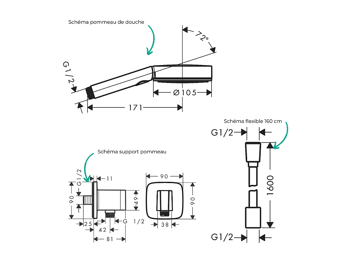 Colonne de douche mécanique HANSGROHE Vernis Shape Douche de tête Vernis Shape Flexible Designflex Douchette Pulsify chromé