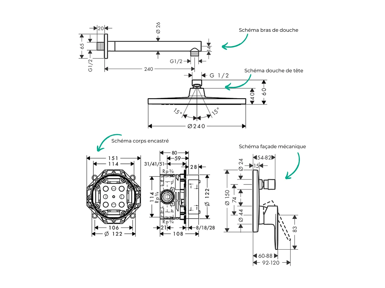 Colonne de douche encastrée mécanique HANSGROHE Vernis Blend Douche de tête Crometta Flexible Isiflex Douchette PulsifyE chromé