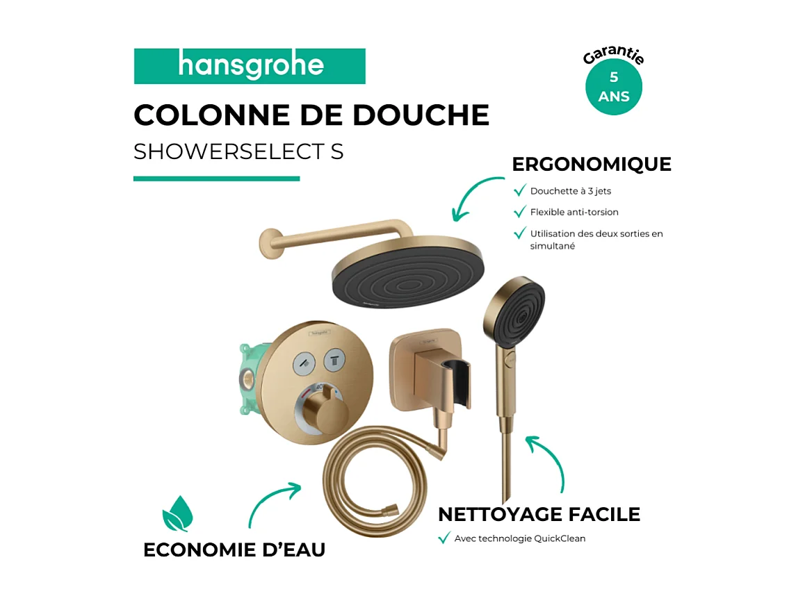 Colonne de douche encastrée thermostatique HANSGROHE ShowerSelect S Douche Pulsify Flexible Isiflex Douchette Pulsify bronze
