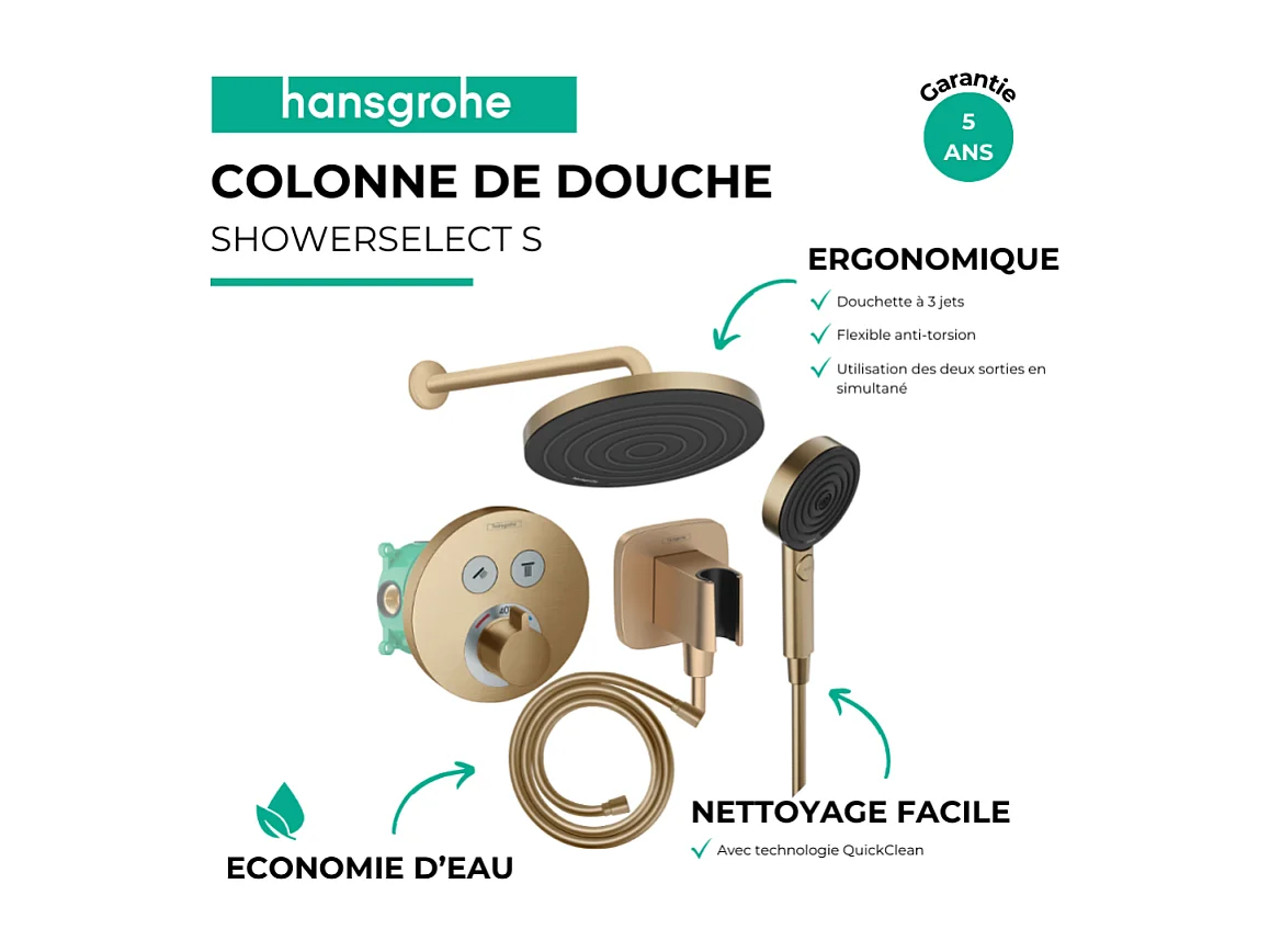 Colonne de douche encastrée thermostatique HANSGROHE ShowerSelect S Douche Pulsify Flexible Isiflex Douchette Pulsify bronze