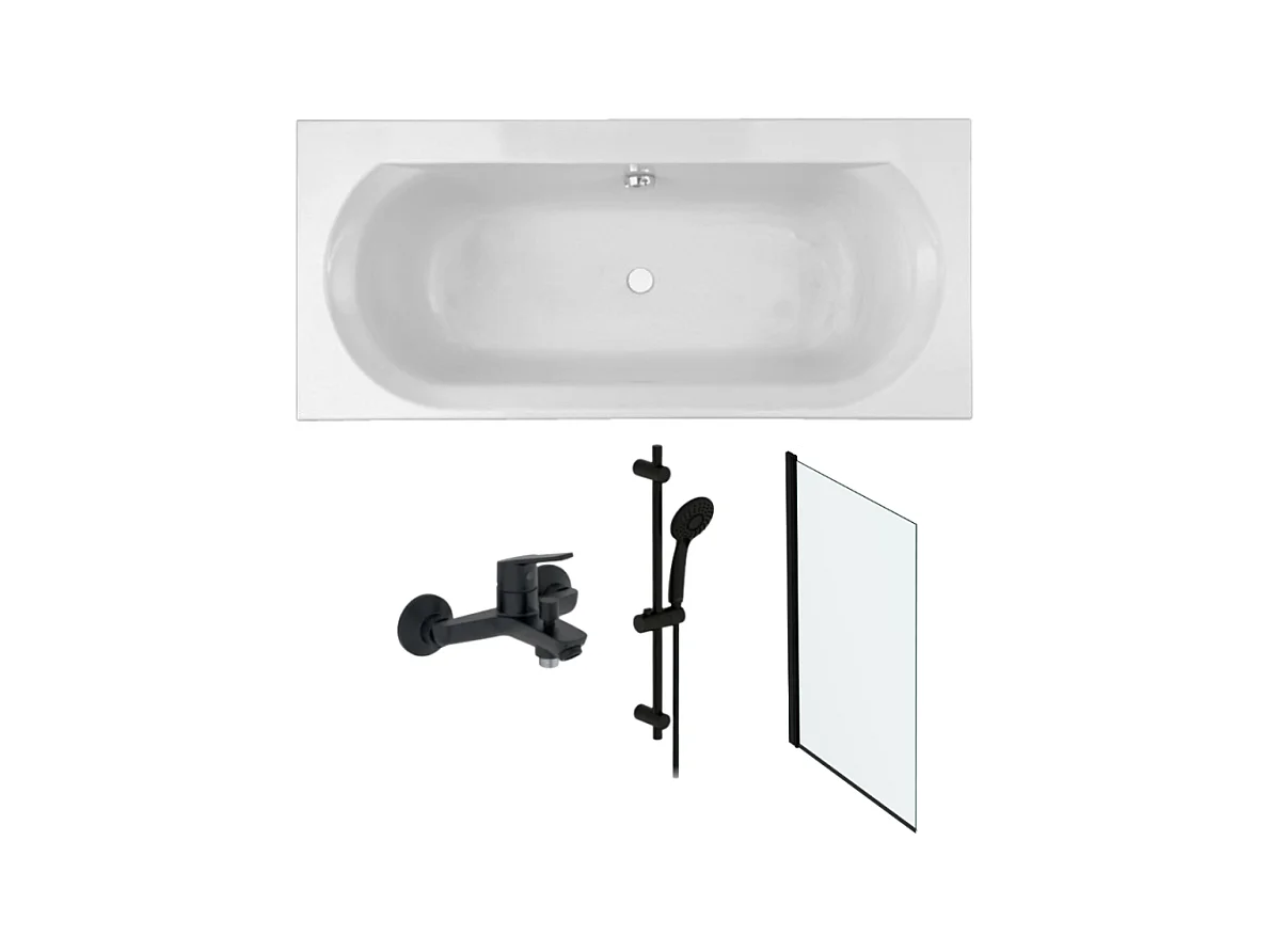 Pack baignoire droite 170 x 75 JACOB DELAFON Elise + pack pommeau et mitigeur bain douche noir mat + pare bain noir mat + vidage