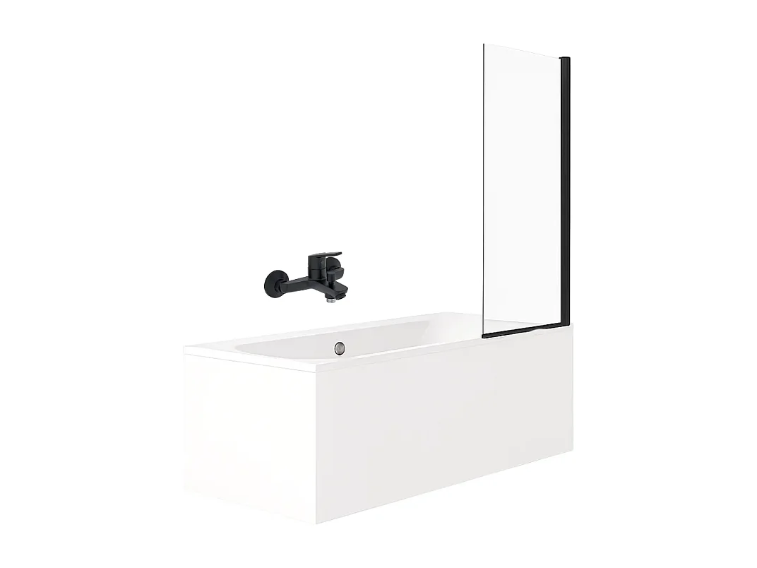 Pack baignoire droite 180 x 80 JACOB DELAFON Elise + mitigeur bain douche noir mat + pare bain noir mat + vidage