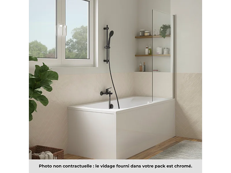 Pack baignoire droite 170 x 75 JACOB DELAFON Elise + mitigeur bain douche chromé + pare bain chromé + vidage