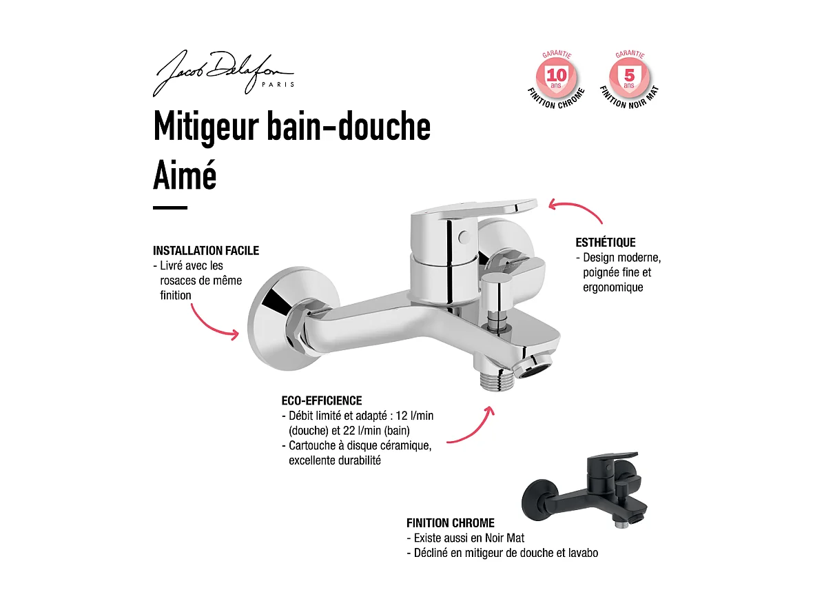 Pack baignoire droite 170 x 75 JACOB DELAFON Elise + mitigeur bain douche chromé + pare bain chromé + vidage