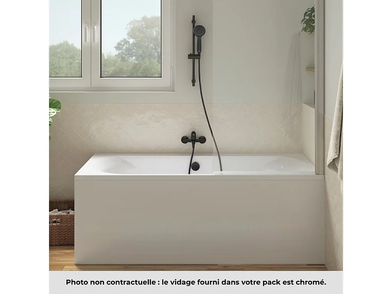 Pack baignoire droite 180 x 80 JACOB DELAFON Elise + pack pommeau et mitigeur bain douche noir mat + pare bain chromé + vidage
