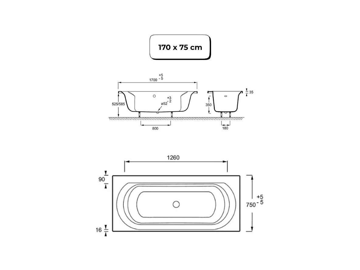 Pack baignoire droite 170 x 75 JACOB DELAFON Elise + pack pommeau et mitigeur bain douche noir mat + pare bain chromé + vidage