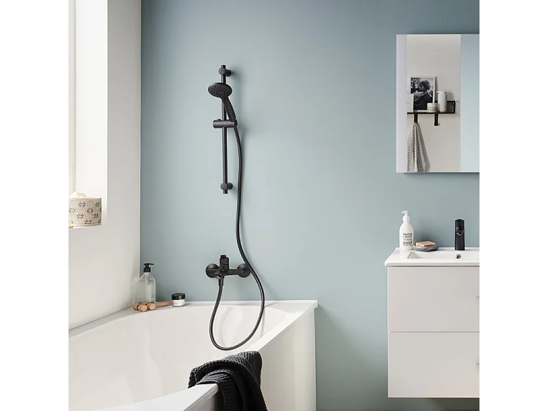 Pack baignoire droite 180 x 80 JACOB DELAFON Elise + mitigeur bain douche noir mat + vidage