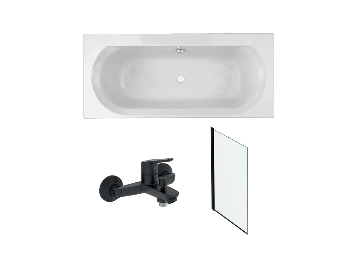 Pack baignoire droite 170 x 75 JACOB DELAFON Elise + mitigeur bain douche noir mat + pare bain noir mat + vidage