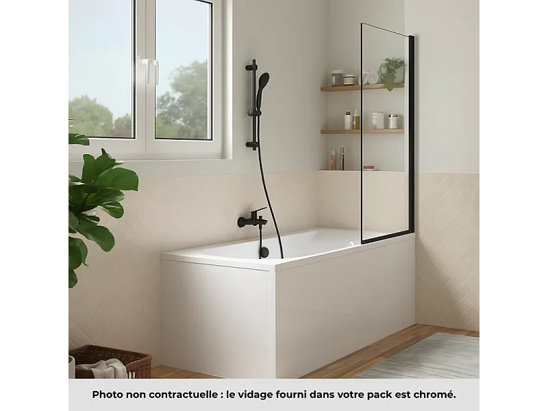 Pack baignoire droite 170 x 75 JACOB DELAFON Elise + mitigeur bain douche noir mat + pare bain noir mat + vidage