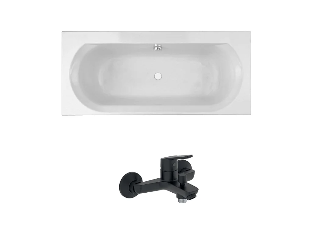 Pack baignoire droite 170 x 75 JACOB DELAFON Elise + mitigeur bain douche noir mat + vidage