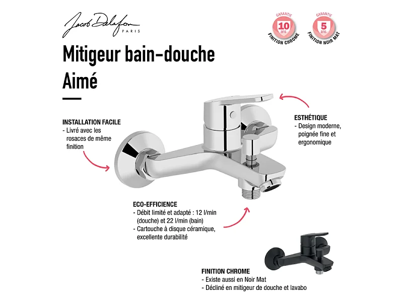 Pack baignoire droite 170 x 75 JACOB DELAFON Elise + mitigeur bain douche noir mat + vidage noir