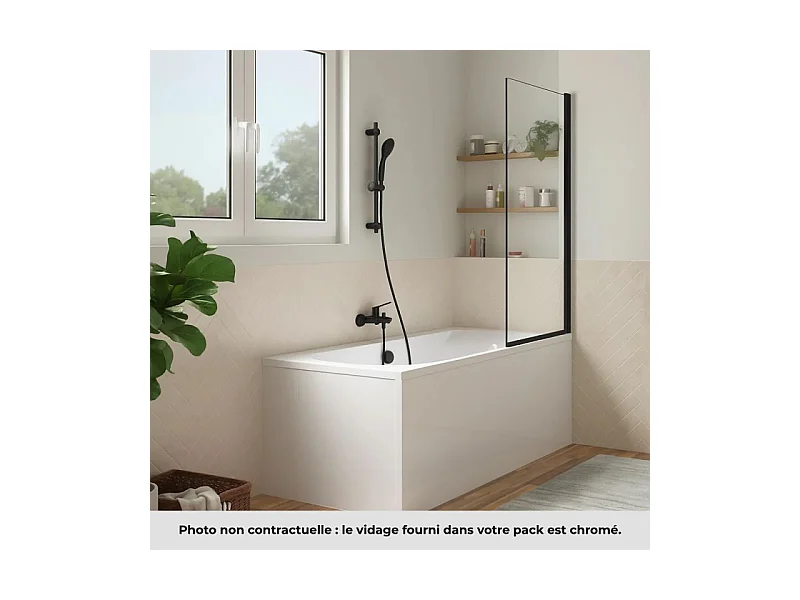 Pack baignoire droite 180 x 80 JACOB DELAFON Elise + pack pommeau et mitigeur bain douche noir mat + pare bain noir mat + vidage