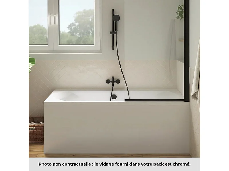Pack baignoire droite 180 x 80 JACOB DELAFON Elise + pack pommeau et mitigeur bain douche noir mat + pare bain noir mat + vidage