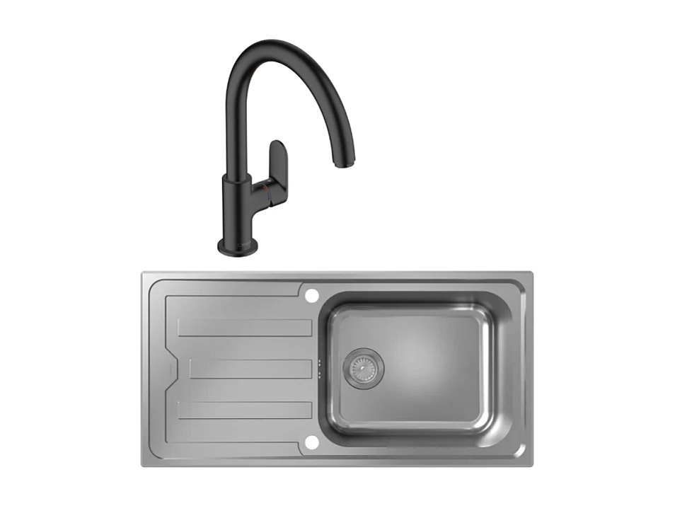Evier 1 bac HANSGROHE S44 inox + robinet de cuisine HANSGROHE Vernis Blend M35 210 noir mat