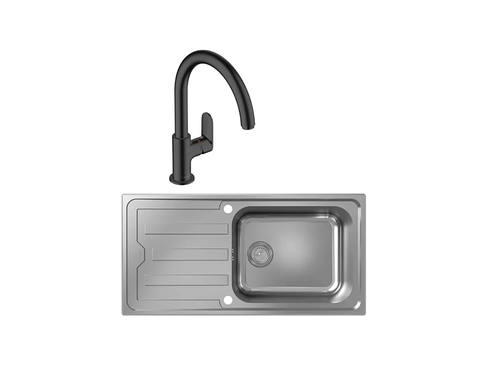 Evier 1 bac HANSGROHE S44 inox + robinet de cuisine HANSGROHE Vernis Blend M35 210 noir mat