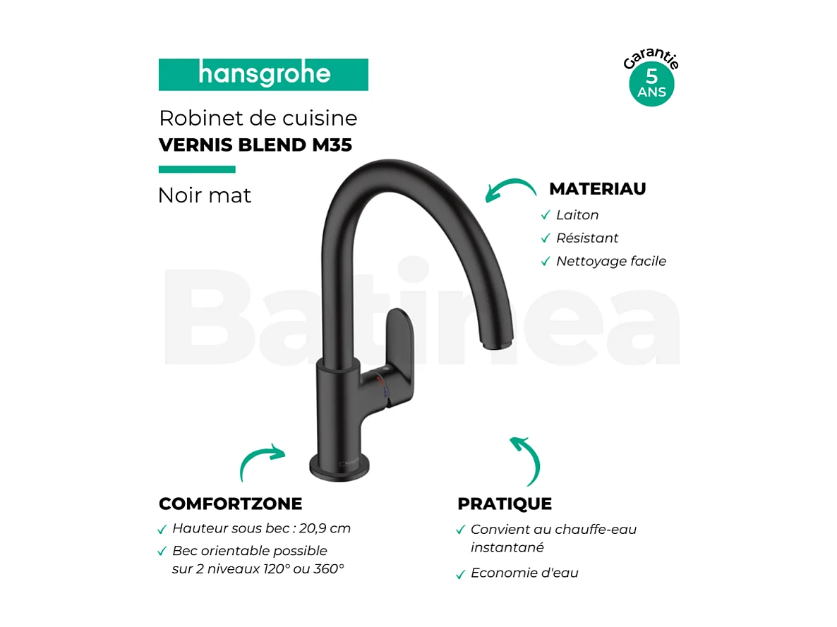 Evier 1 bac HANSGROHE S44 inox + robinet de cuisine HANSGROHE Vernis Blend M35 210 noir mat