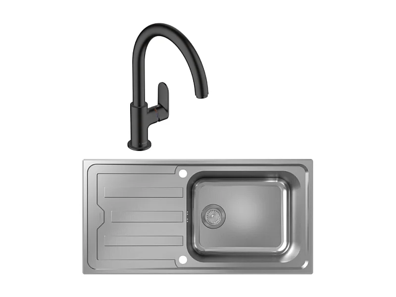 Evier 1 bac HANSGROHE S44 inox + robinet de cuisine HANSGROHE Vernis Blend M35 210 noir mat