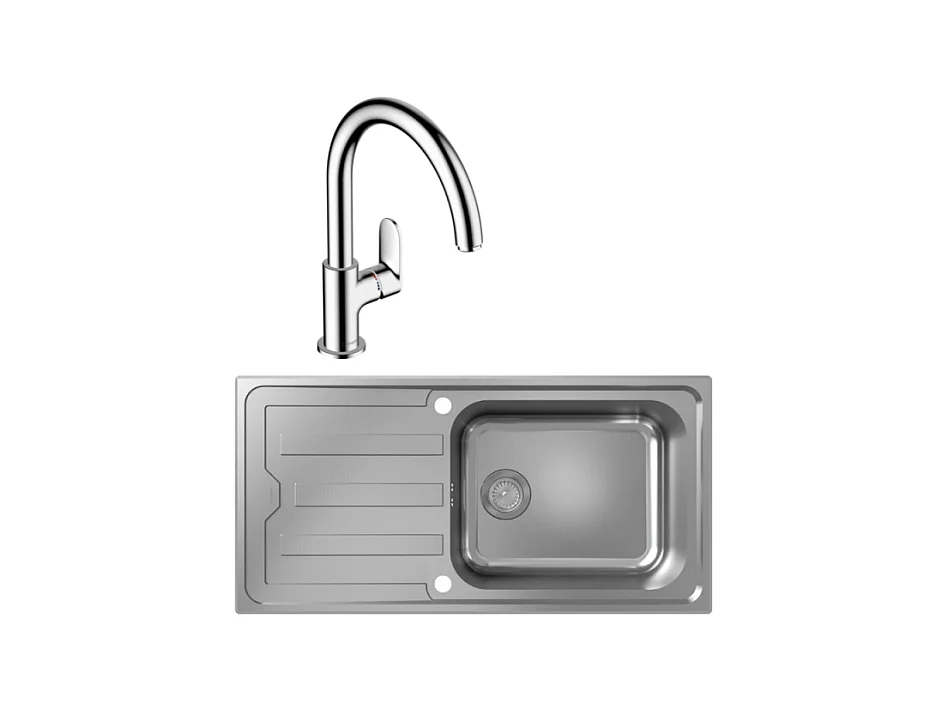 Evier 1 bac HANSGROHE S44 inox + robinet de cuisine HANSGROHE Vernis Blend M35 210 chromé