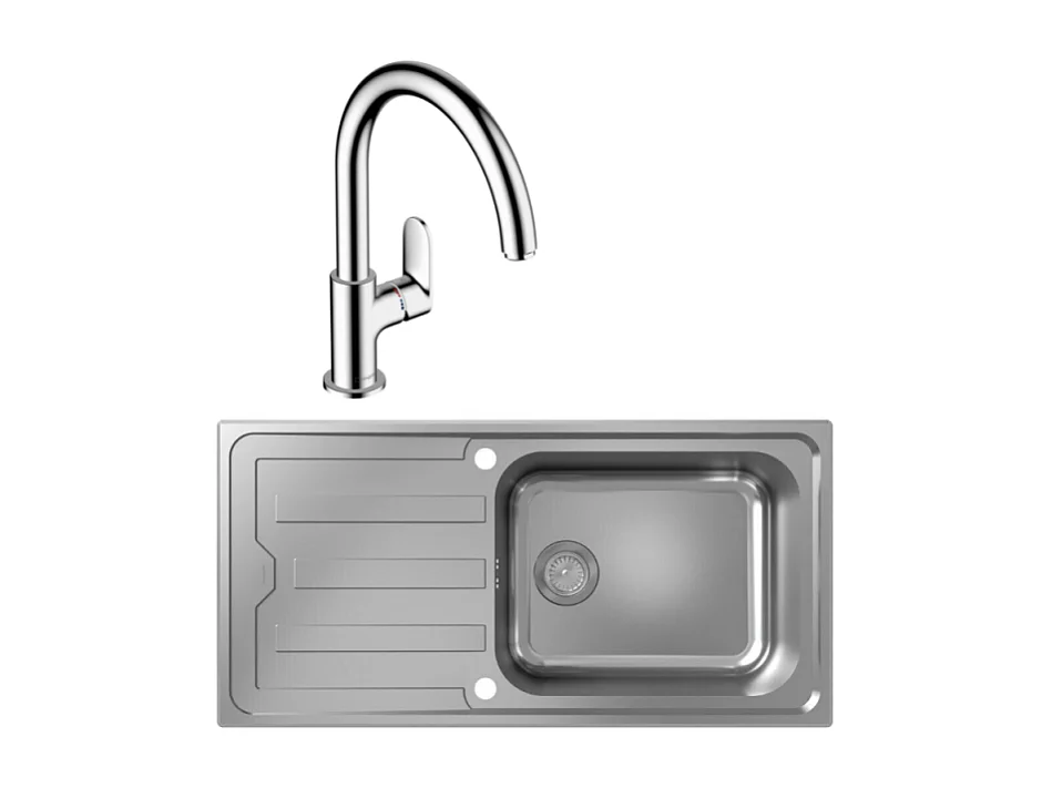 Evier 1 bac HANSGROHE S44 inox + robinet de cuisine HANSGROHE Vernis Blend M35 210 chromé