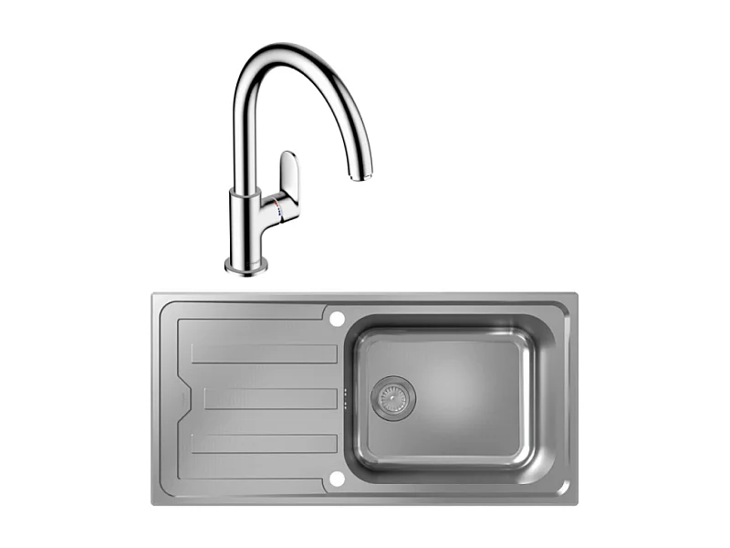 Evier 1 bac HANSGROHE S44 inox + robinet de cuisine HANSGROHE Vernis Blend M35 210 chromé