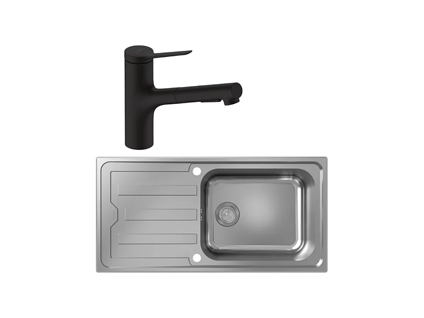 Evier 1 bac HANSGROHE S44 inox + robinet de cuisine avec douchette HANSGROHE Zesis M33 150 2 jets noir mat