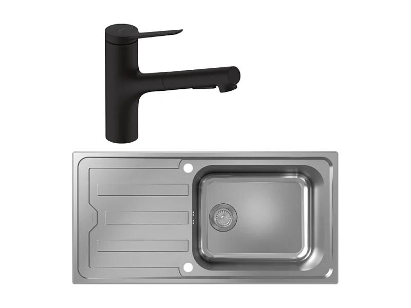 Evier 1 bac HANSGROHE S44 inox + robinet de cuisine avec douchette HANSGROHE Zesis M33 150 2 jets noir mat