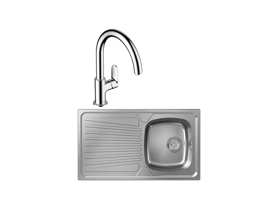 Evier 1 bac HANSGROHE S21 inox + robinet de cuisine HANSGROHE Vernis Blend M35 210 chromé