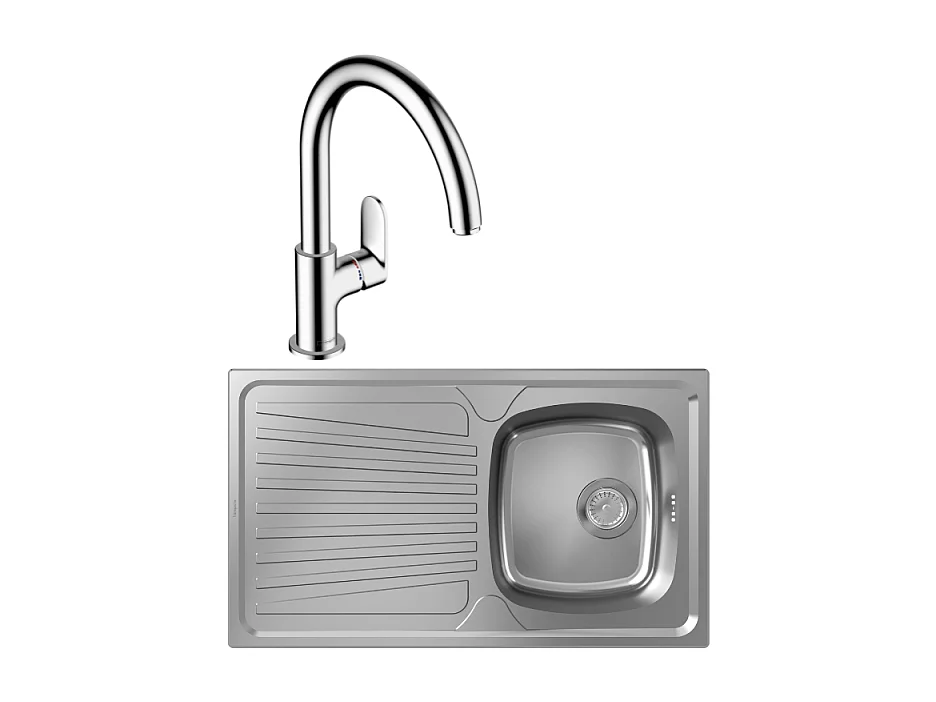 Evier 1 bac HANSGROHE S21 inox + robinet de cuisine HANSGROHE Vernis Blend M35 210 chromé