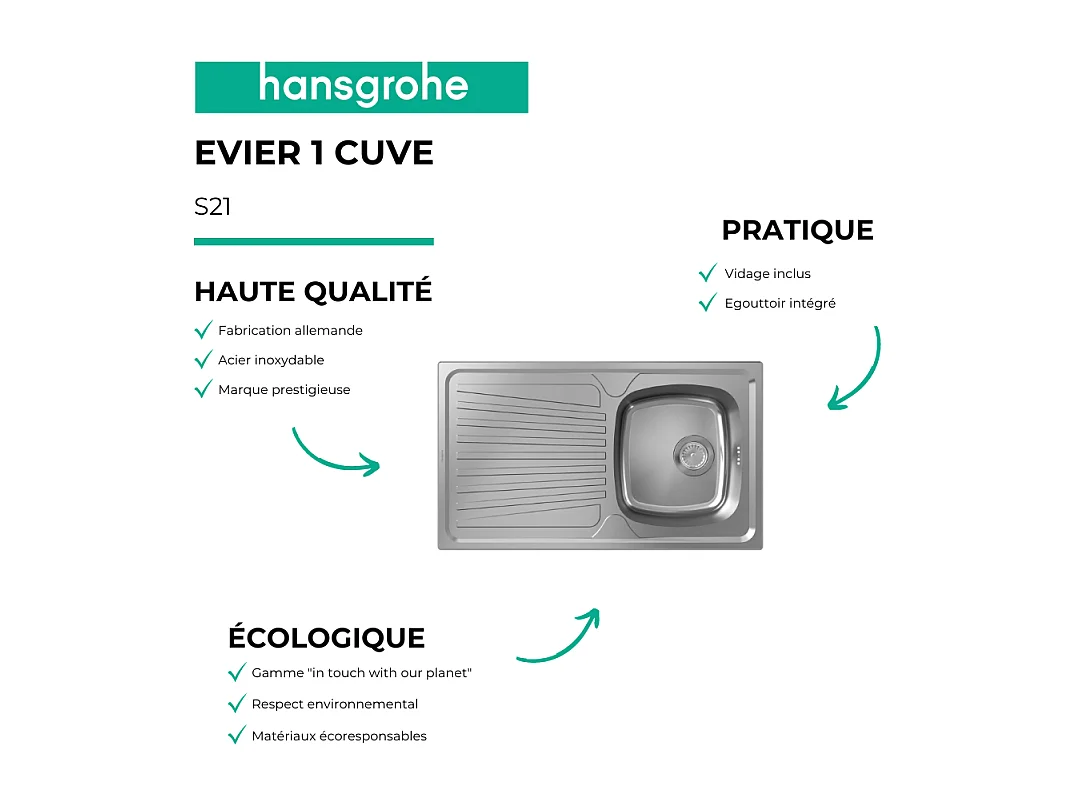 Evier 1 bac HANSGROHE S21 inox + robinet de cuisine HANSGROHE Vernis Blend M35 210 chromé