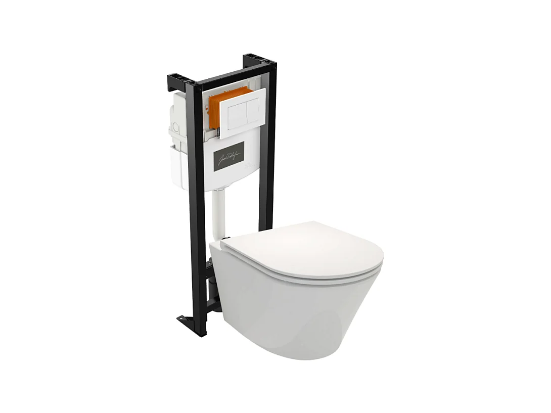 Pack WC suspendu sans bride JACOB DELAFON Rodin+ avec abattant + bâti support + plaque blanche