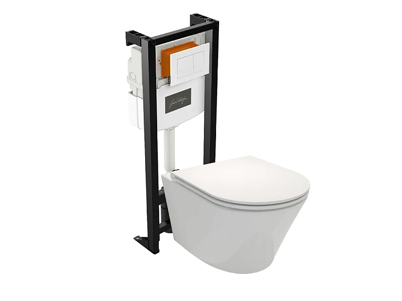 Pack WC suspendu sans bride JACOB DELAFON Rodin+ avec abattant + bâti support + plaque blanche