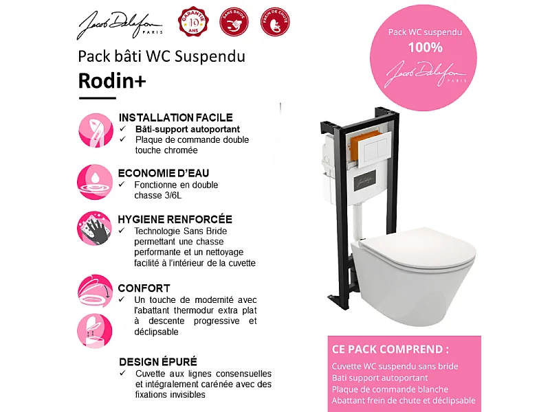 Pack WC suspendu sans bride JACOB DELAFON Rodin+ avec abattant + bâti support + plaque blanche