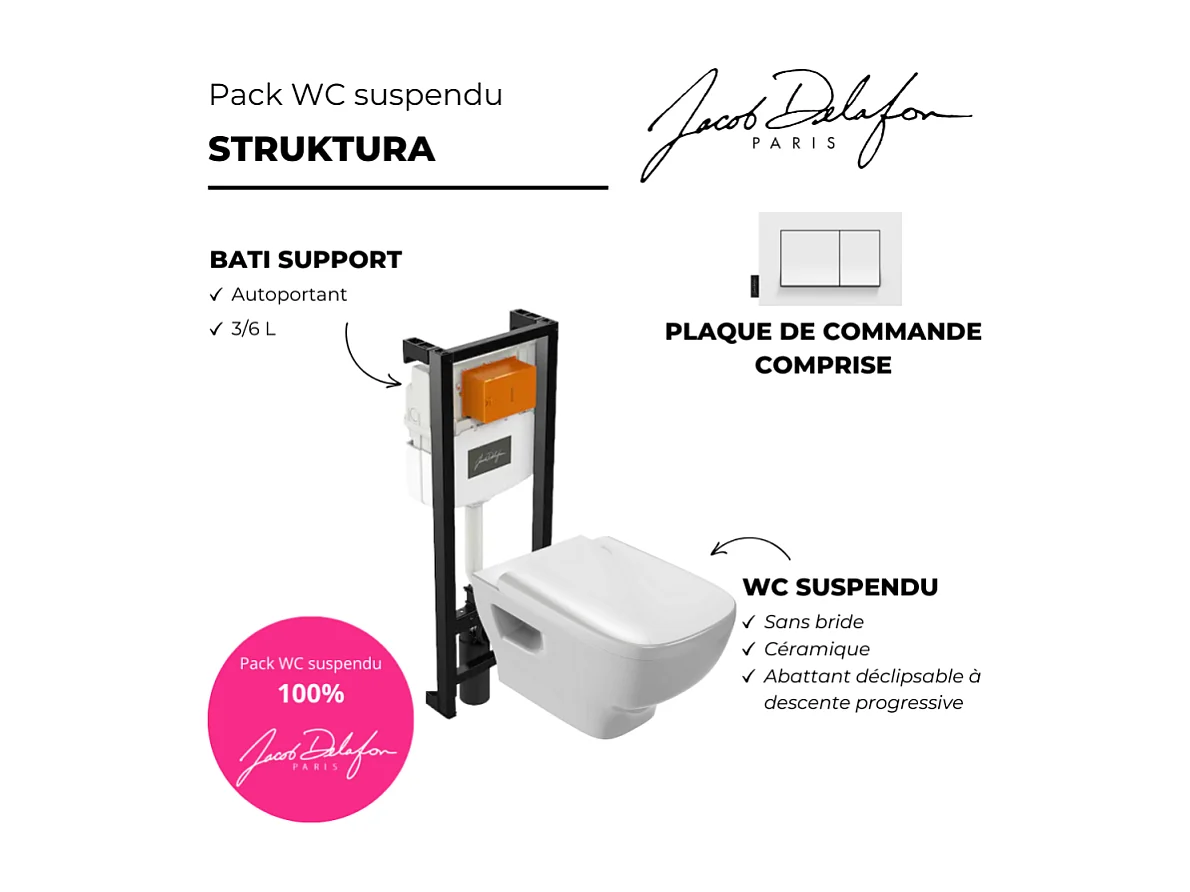 Pack WC suspendu sans bride JACOB DELAFON Struktura avec abattant + bâti support + plaque