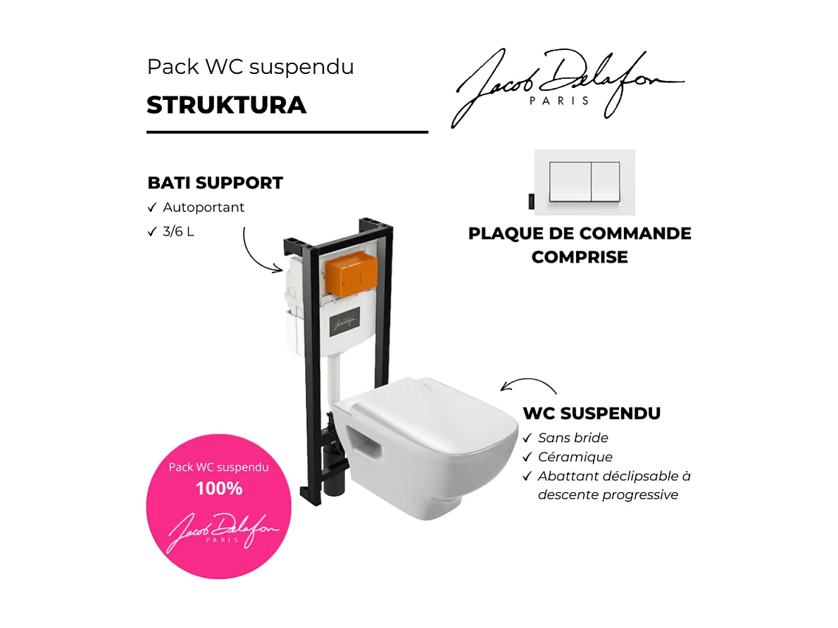 Pack WC suspendu sans bride JACOB DELAFON Struktura avec abattant + bâti support + plaque